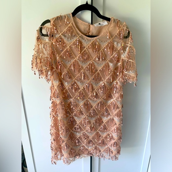 Everyday chic boutique beaded women’s mini dress in blush - Picture 1 of 4